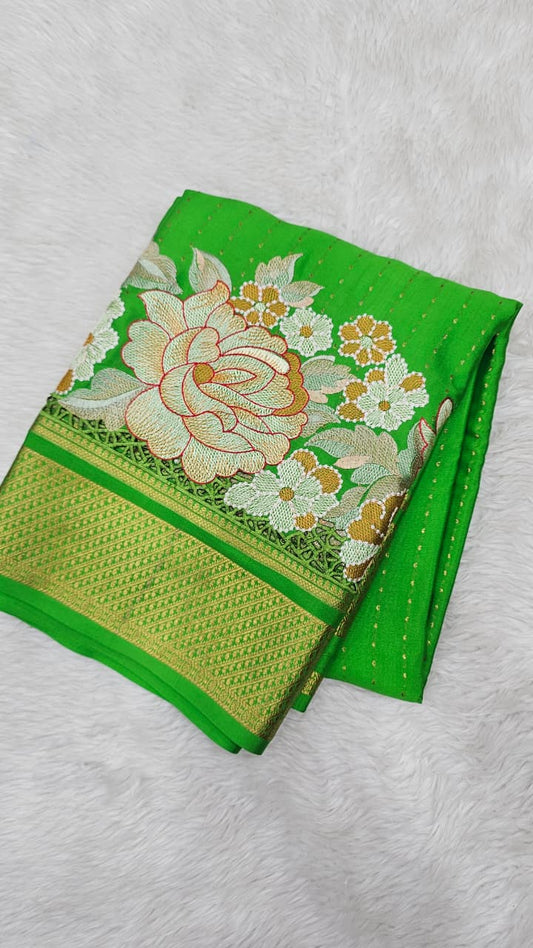 Mysore crepe silk saree in KSIC Finish in dark leaf green 1side cutwork saree