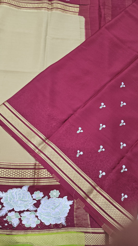 Mysore crepe silk saree in KSIC Finish in beige with maroon 2side cutwork