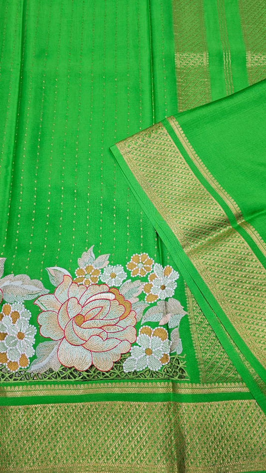 Mysore crepe silk saree in KSIC Finish in dark leaf green 1side cutwork saree
