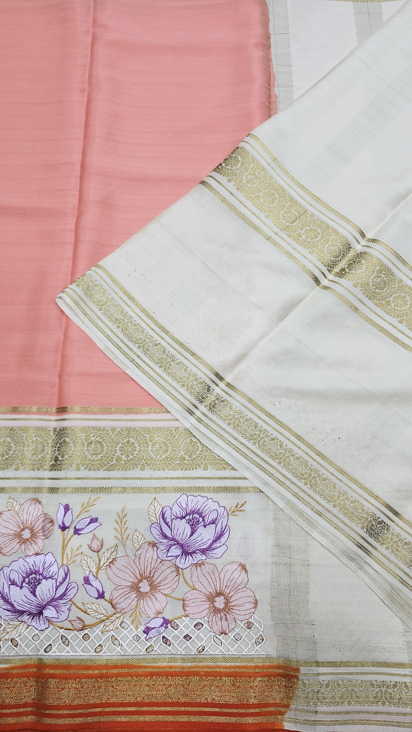 Mysore crepe silk saree in KSIC Finish in peach with orange 2side cutwork