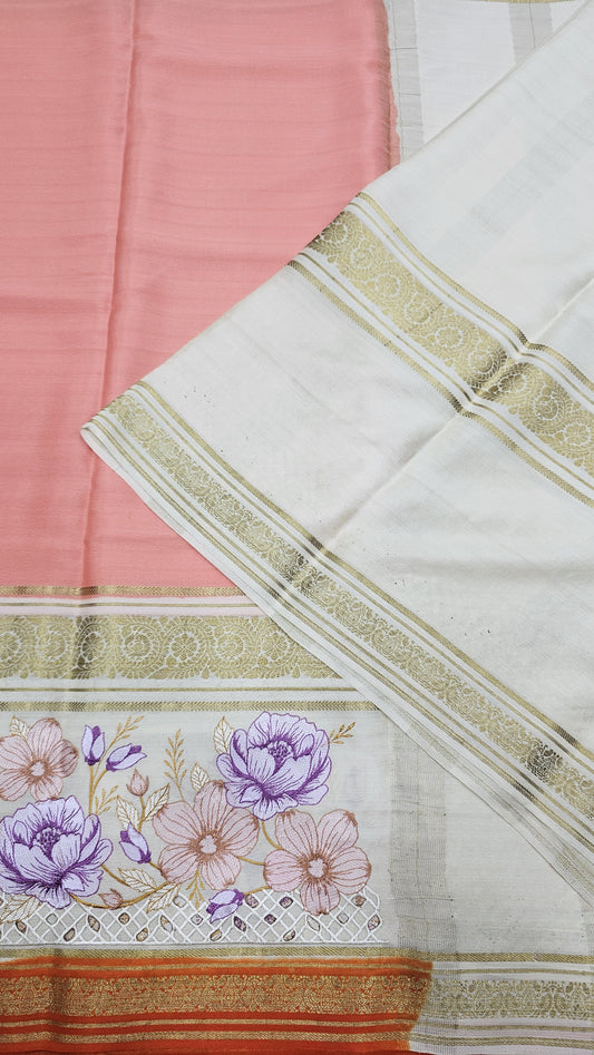 Mysore crepe silk saree in KSIC Finish in peach with orange 2side cutwork