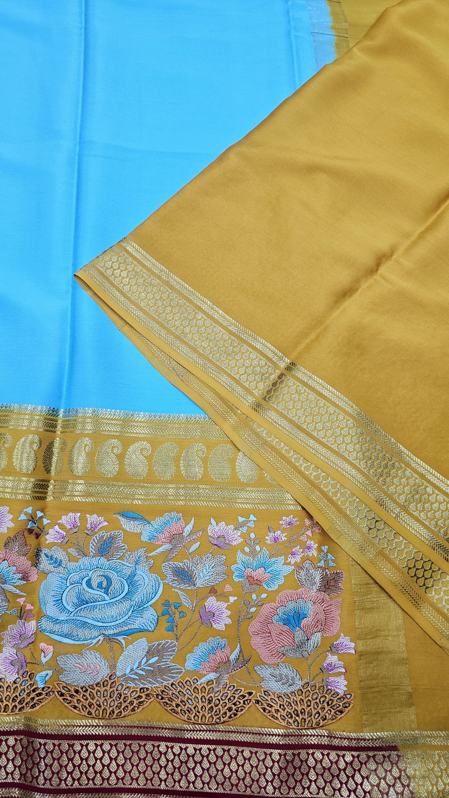 Mysore crepe silk saree in KSIC Finish in ananda blue mango yellow 2side cutwork