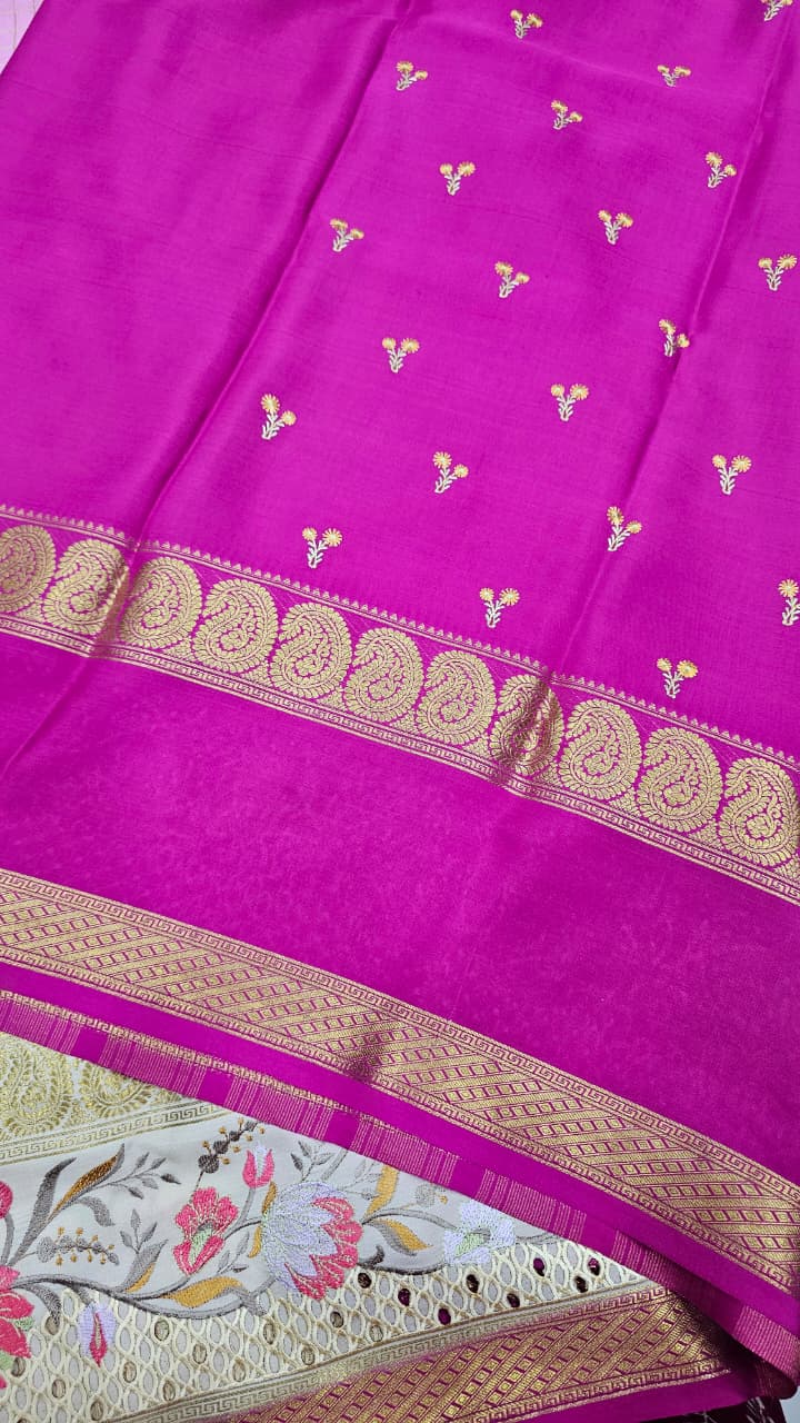 Mysore crepe silk saree in KSIC Finish in baby pink with half white 2sides embroiedry