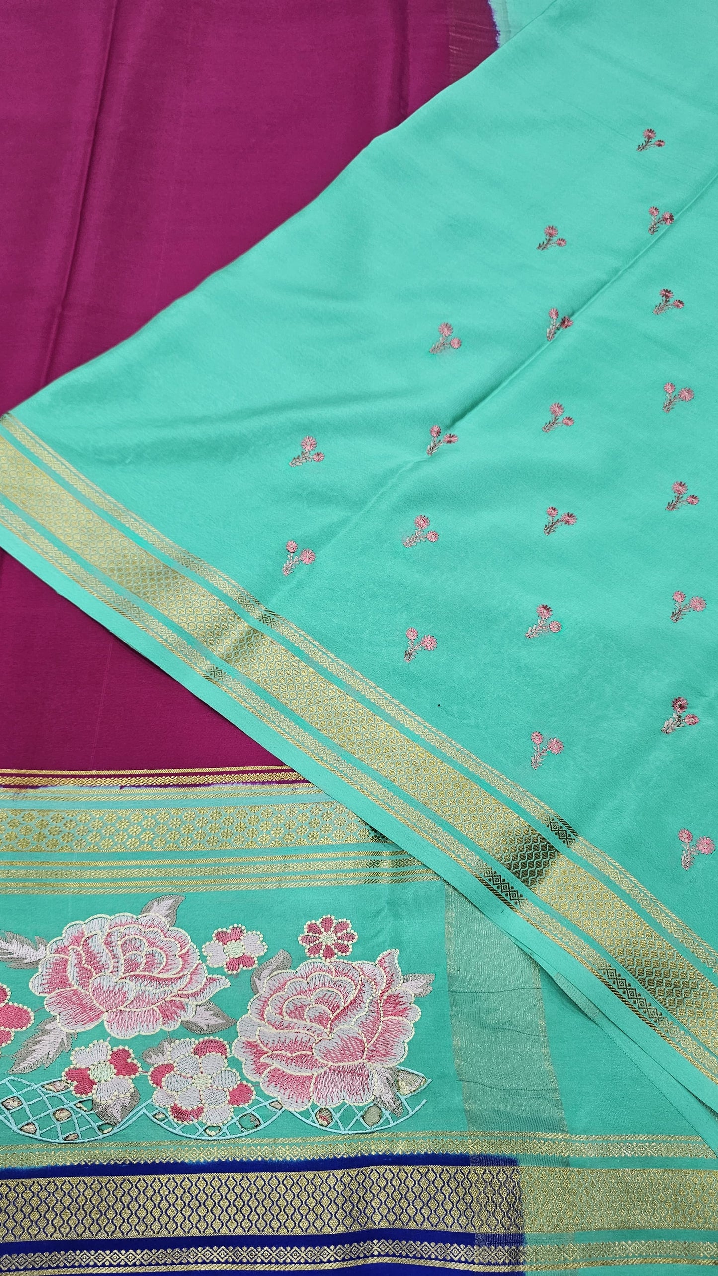 Mysore crepe silk saree in KSIC Finish in rani pink with blue 2side cutwork saree