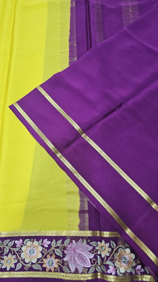 Mysore crepe silk saree in KSIC Finish in lemon yellow with purple 2side embroidery