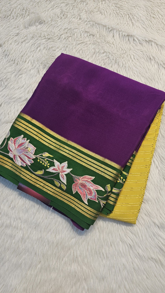 Mysore crepe silk saree in KSIC Finish in purple with green 2sides embroiedry