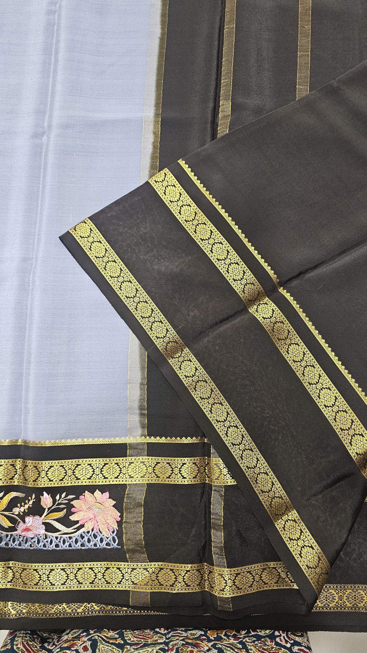Mysore crepe silk saree in KSIC Finish in grey with black 2side embroidery