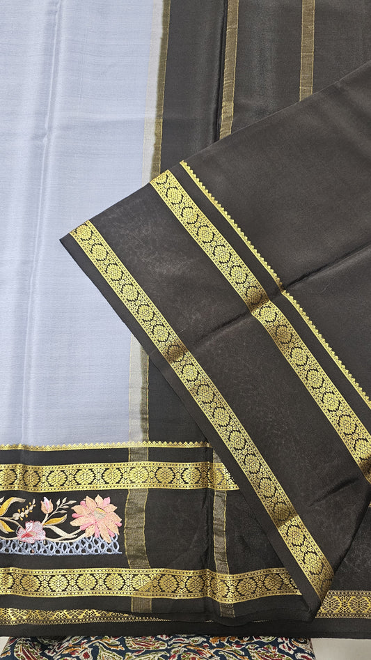 Mysore crepe silk saree in KSIC Finish in grey with black 2side embroidery