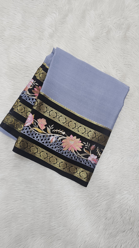 Mysore crepe silk saree in KSIC Finish in grey with black 2side embroidery