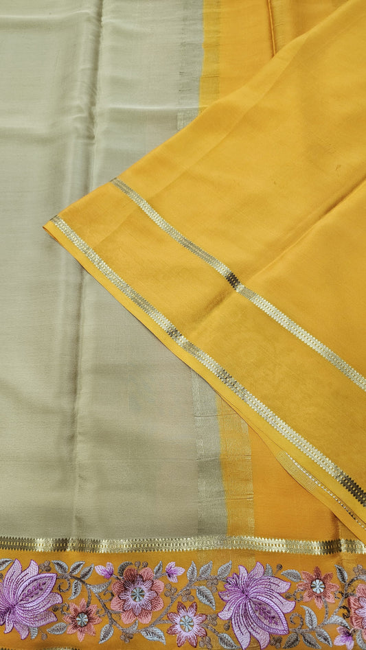 Mysore crepe silk saree in KSIC Finish in beige with mango yellow 2sides embroiedry
