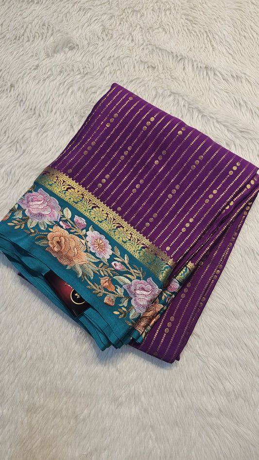 Mysore crepe silk saree in KSIC Finish in purple with rama green 2side embroidery