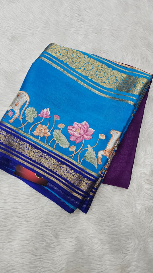 Mysore crepe silk saree in KSIC Finish in purple with ananda blue pichwai border