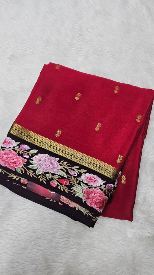 Mysore crepe silk saree in KSIC Finish in oil red brown 2side ebroidry saree