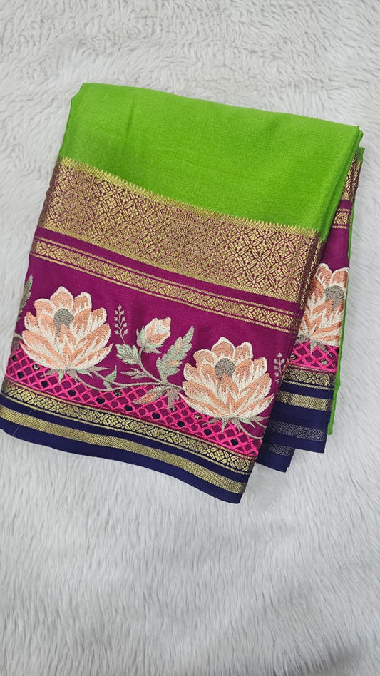 Mysore crepe silk saree in KSIC Finish in paroot green with blue 2side cutwork