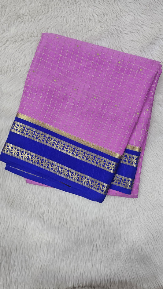 Mysore crepe silk saree in KSIC Finish in baby pink with royal blue checks with bentex border
