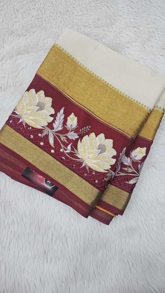 Mysore crepe silk saree in KSIC Finish in cream with maroon red 2 side cutwork