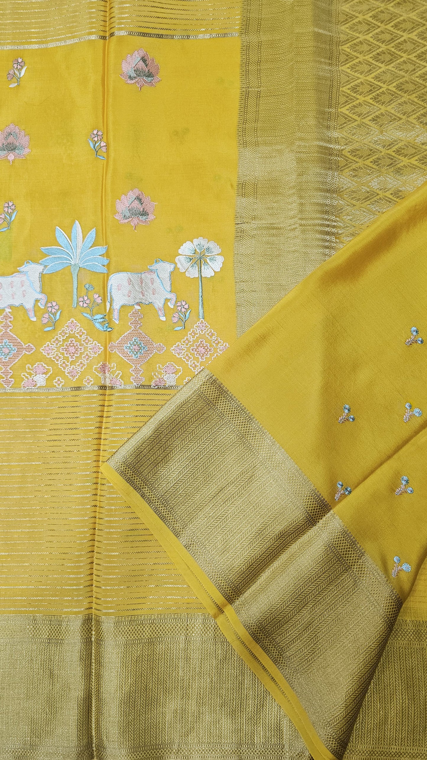 Mysore crepe silk saree in KSIC Finish in mango yellow middle pichwai embroidery attern