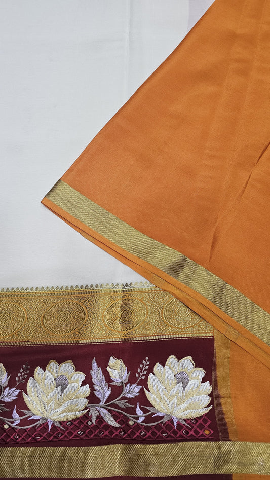 Mysore crepe silk saree in KSIC Finish in cream with maroon red 2 side cutwork