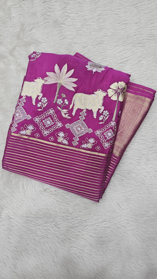 Mysore crepe silk saree in KSIC Finish in rani pink middle pichwai embroidery pattern
