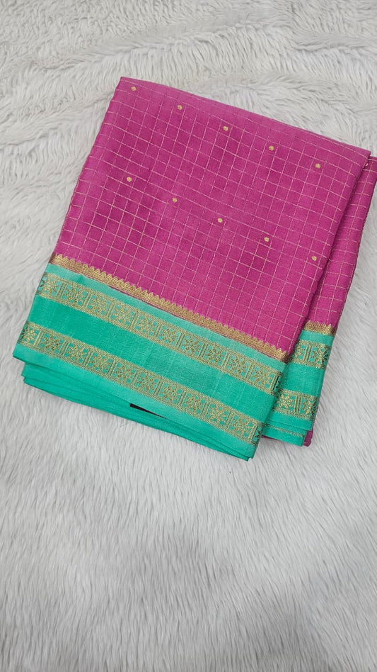 Mysore crepe silk saree in KSIC Finish in onion pink with teal checks with bentex border