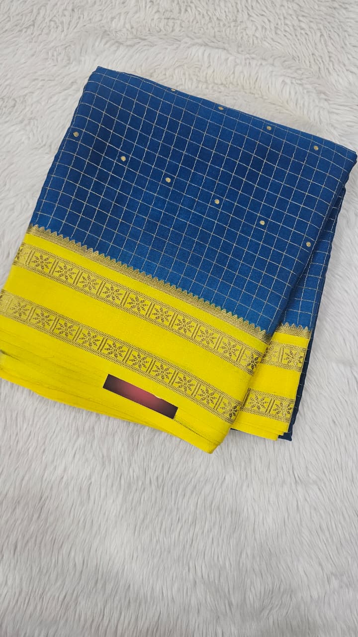 Mysore crepe silk saree in KSIC Finish in peacock blue with lemon yellow checks pattern