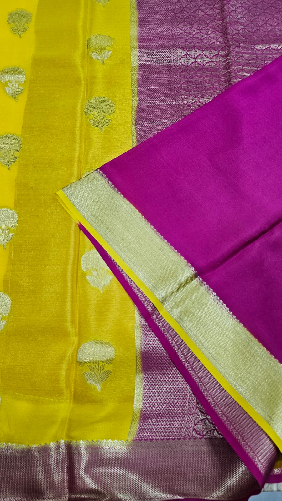 Mysore silk saree KSIC Finish in yellow with pink buttas pattern