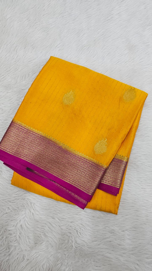 Mysore silk saree KSIC Finish in mango yellow with pink buttas pattern
