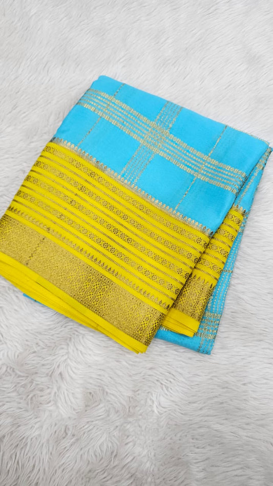 Mysore silk saree KSIC Finish in ice blue with lemon yellow checks attern