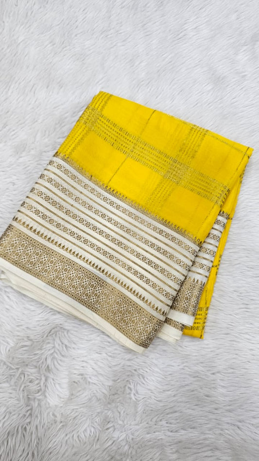 Mysore silk saree KSIC Finish in mango yellow with half white