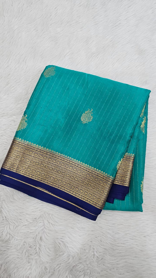 Mysore silk saree KSIC Finish in rama green with ink blue buttas pattern