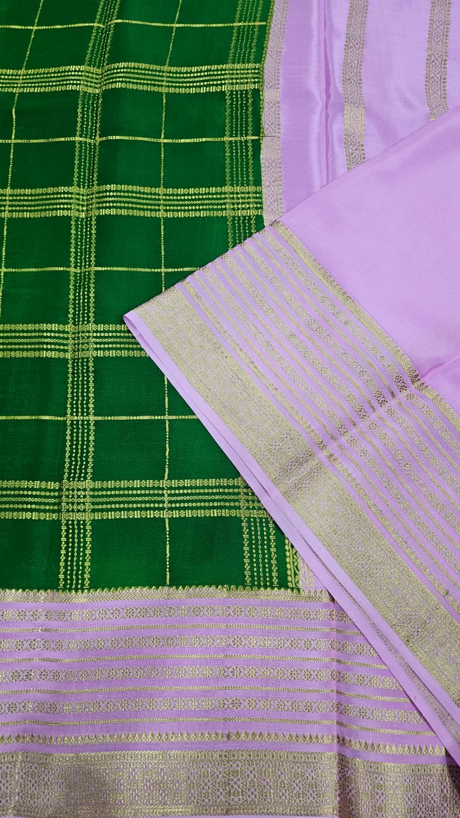 Mysore silk saree KSIC Finish in bottle green with baby pink checks pattern
