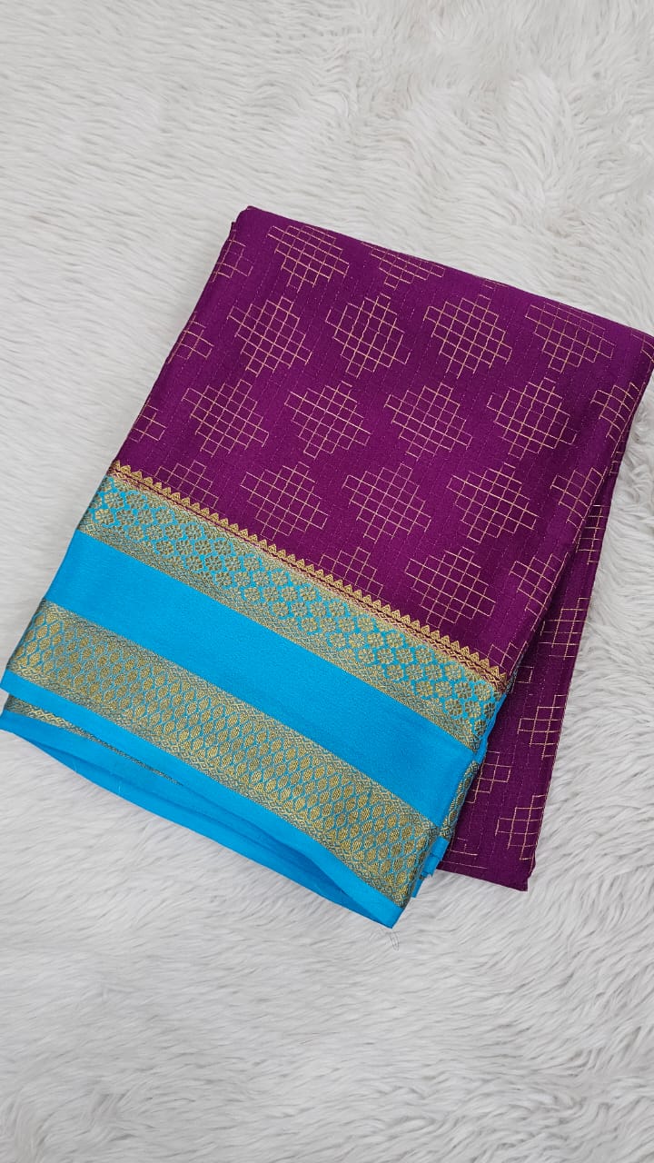 Mysore silk saree KSIC Finish in megenta with ananda blue checks attern
