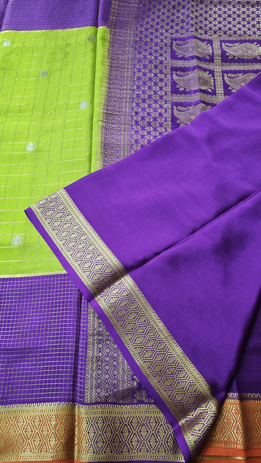 Mysore silk saree KSIC Finish in parrot green with orange 3d checks pattern