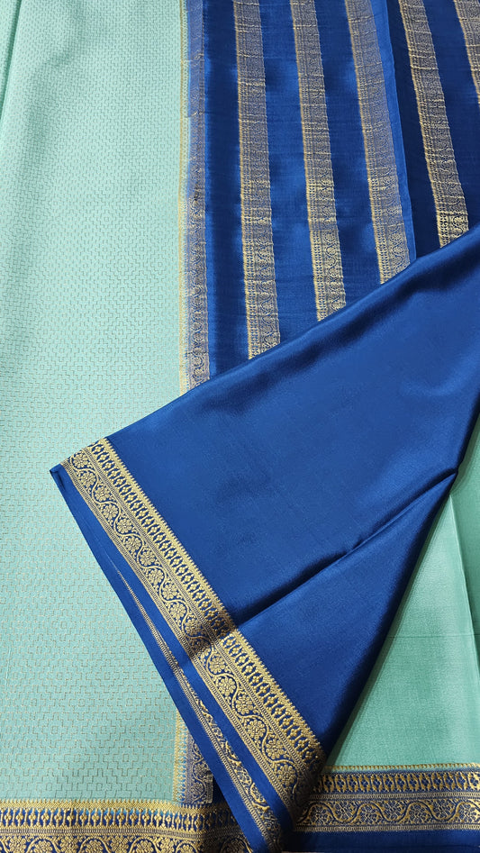 Mysore silk saree KSIC Finish in sea blue with peacock blue checks pattern