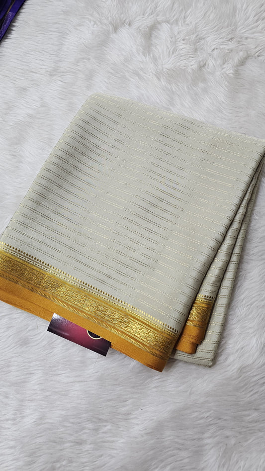 Mysore silk saree KSIC Finish in beige with mustard striep pattern