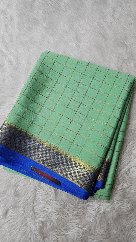 Mysore silk saree KSIC Finish in pista green peacock checks pattern
