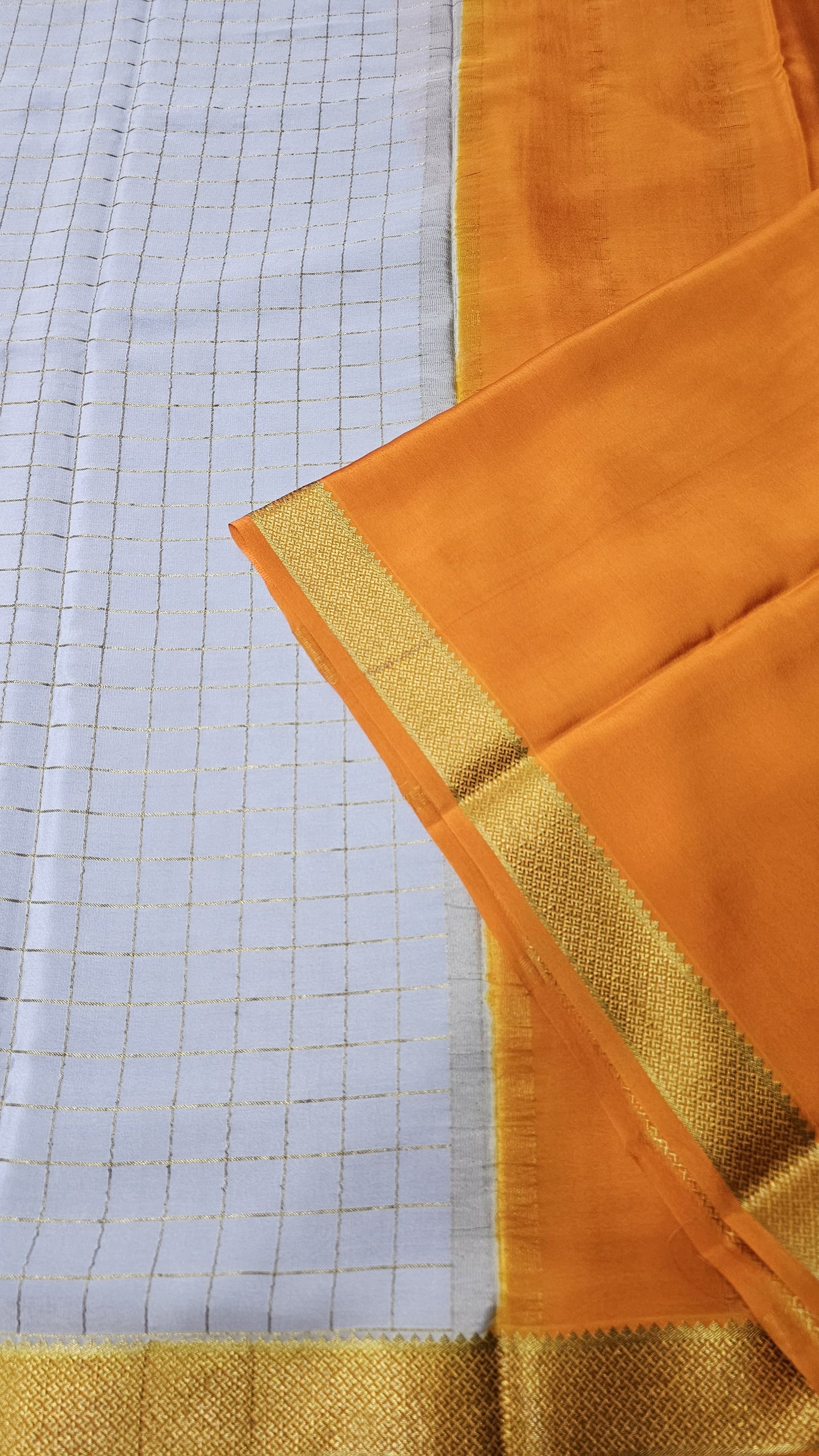 Mysore silk saree KSIC Finish in grey with orange checks pattern