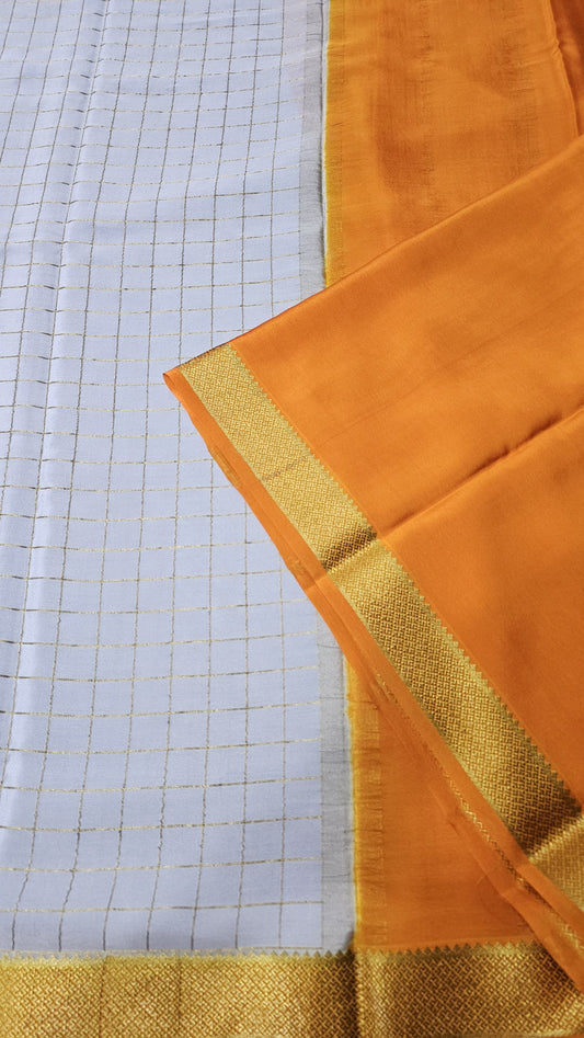 Mysore silk saree KSIC Finish in grey with orange checks pattern