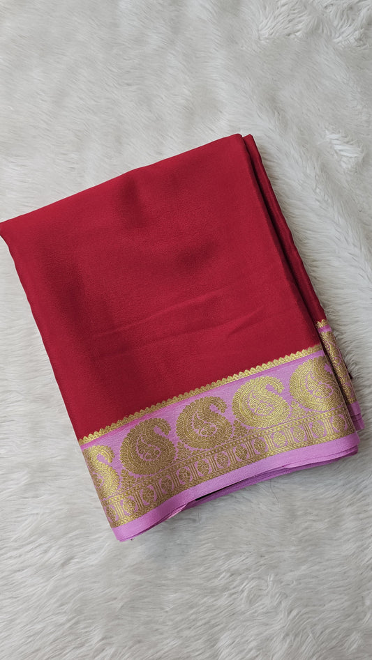 Mysore silk saree KSIC Finish in red with baby pink mango border