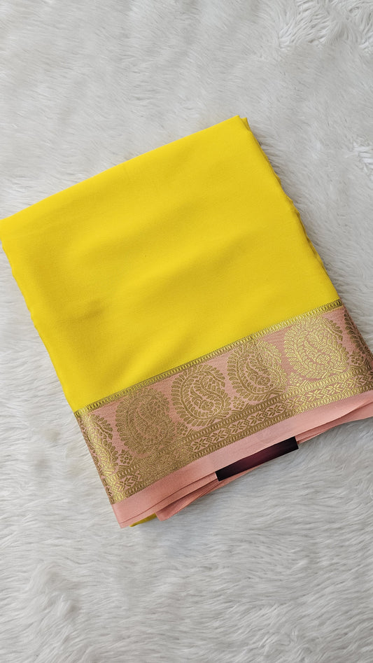 Mysore silk saree KSIC Finish in yellow with peach mango border