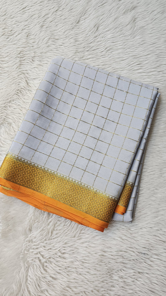 Mysore silk saree KSIC Finish in grey with orange checks pattern