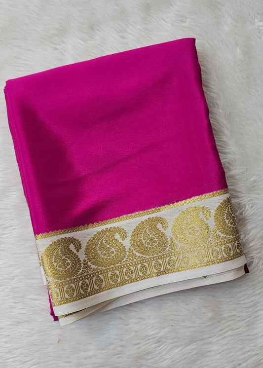 Mysore silk saree KSIC Finish in rani pink with half white mango border
