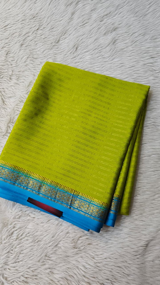 Mysore silk saree KSIC Finish in mehendi green with ananda blue stripe pattern