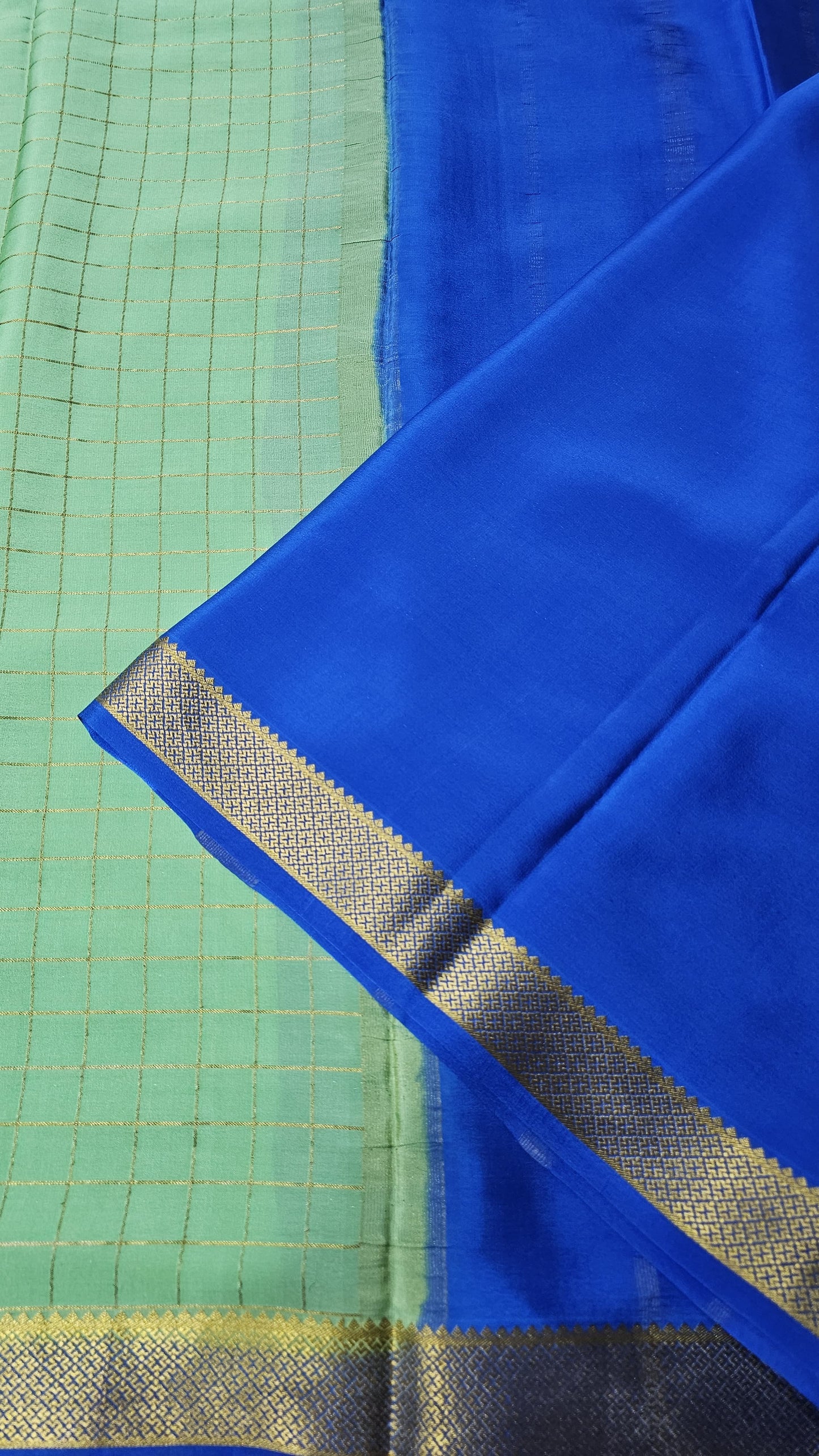 Mysore silk saree KSIC Finish in pista green peacock checks pattern