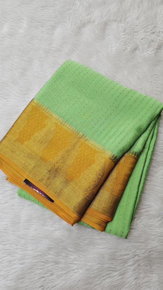 Mysore silk saree KSIC Finish in light pista with mango yellow allover zari butta