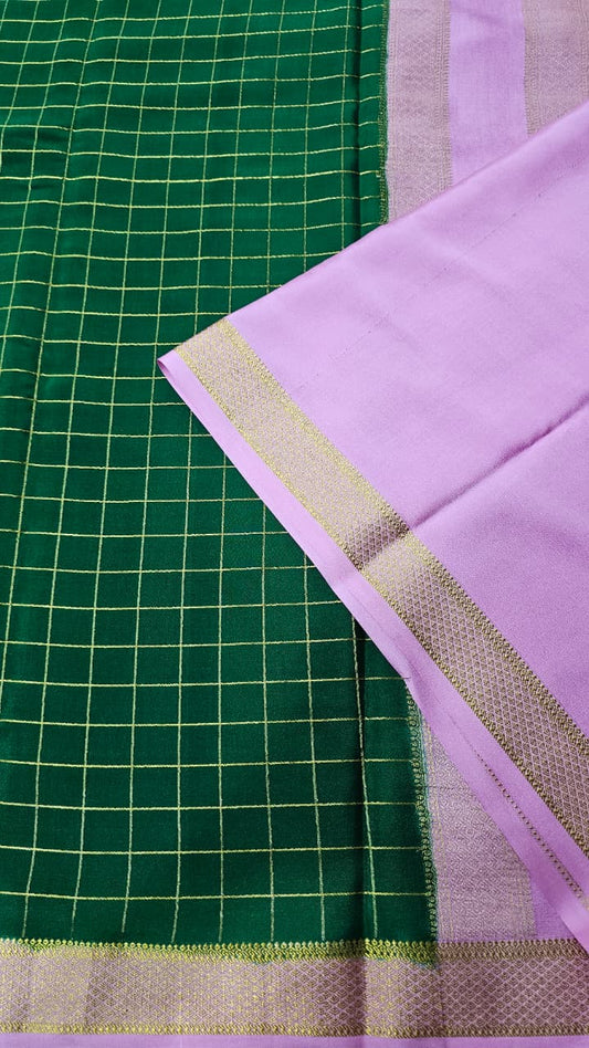 Mysore silk saree KSIC Finish in bottle green with baby pink checks pattern