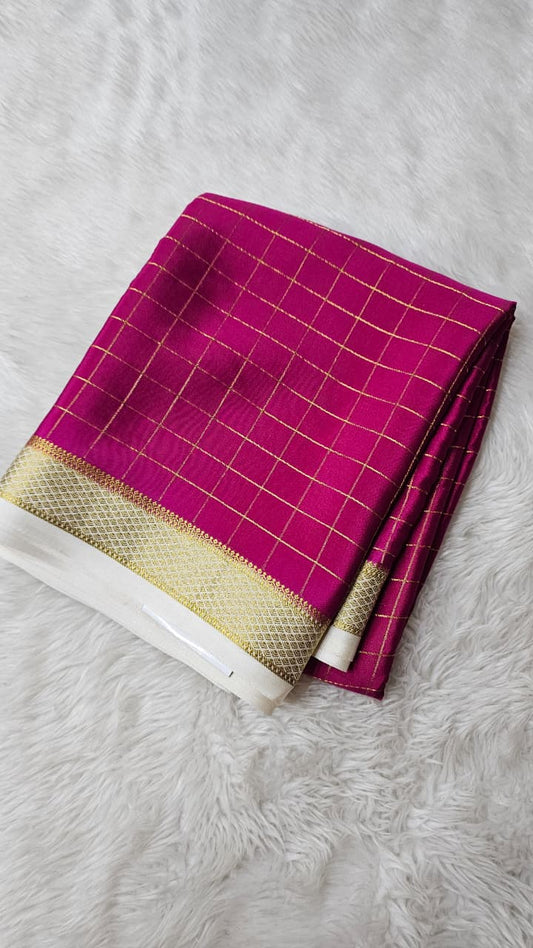 Mysore silk saree KSIC Finish in rani pink with white checks pattern