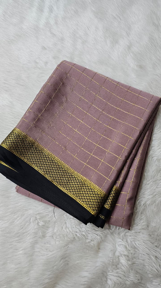 Mysore silk saree KSIC Finish in onion pink with black checks pattern