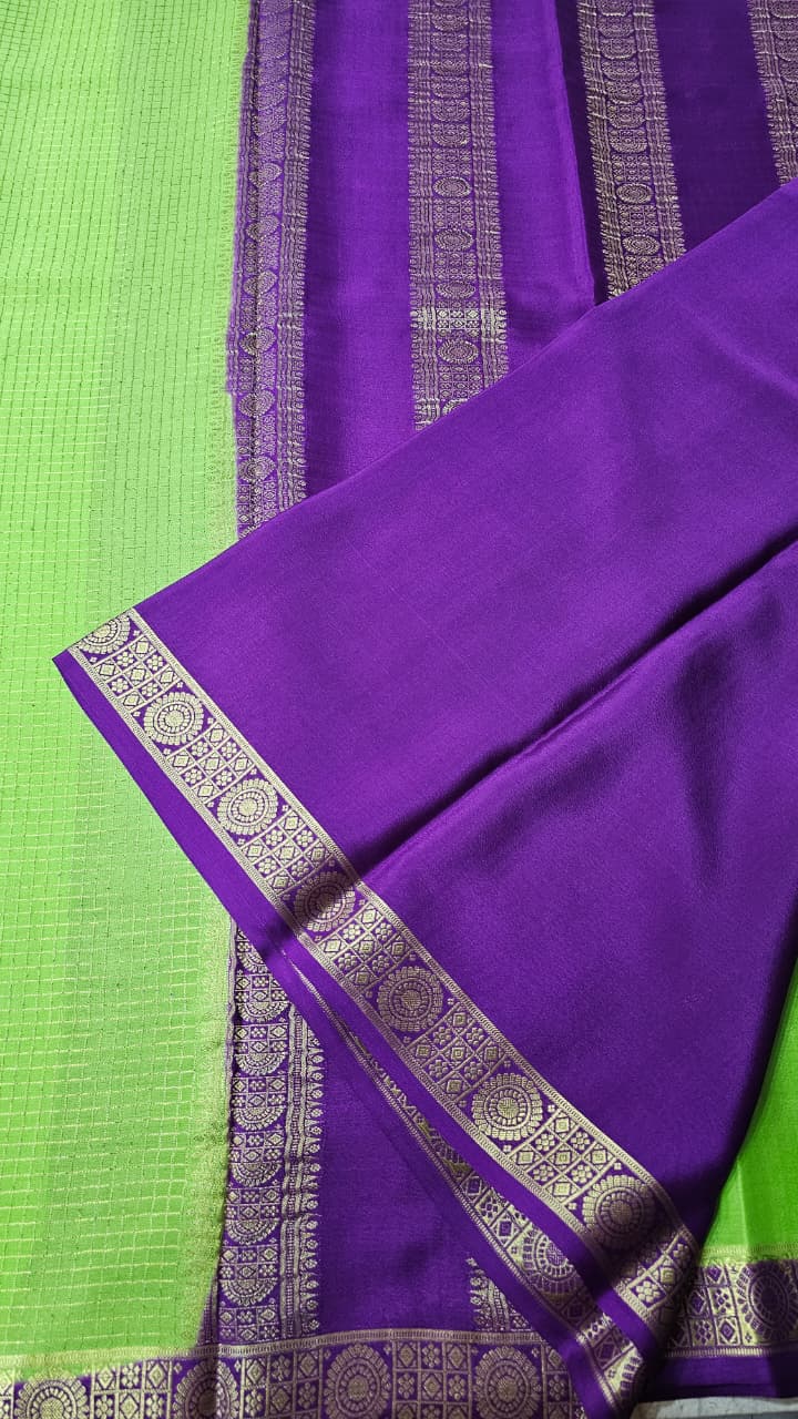Mysore silk saree KSIC Finish in parrot green with purple checks pattern