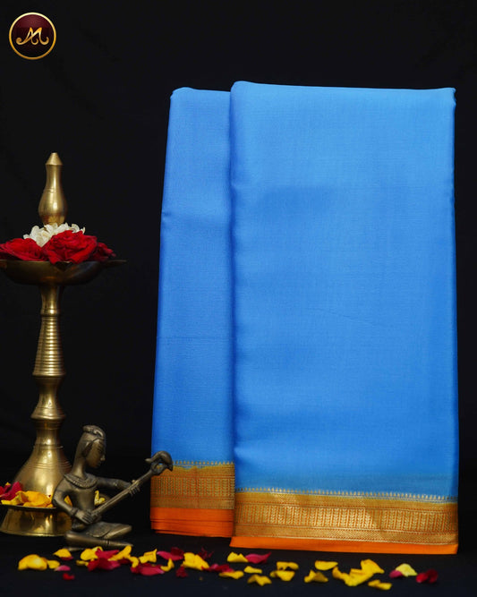 Mysore Crepe Silk saree with KSIC finish in Ask Blue and Orange combination with GOld Zari Border and Chit  Pallu